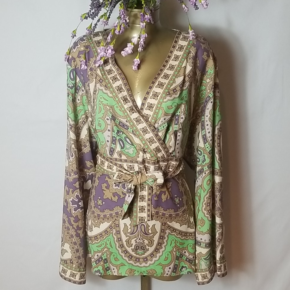 Lane Bryant Green Purple Paisley Wrap Blouse